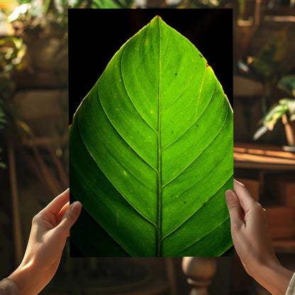 Vibrant green leaf aluminum print with detailed vein patterns