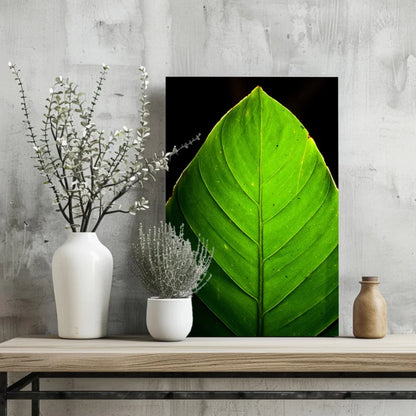 Vibrant green leaf aluminum print with detailed vein patterns