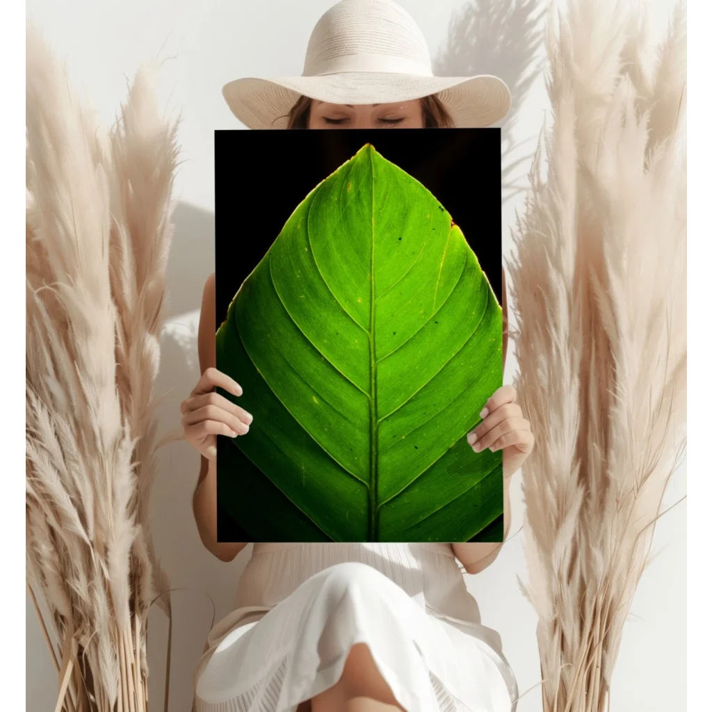 Vibrant green leaf aluminum print with bold vein details on black