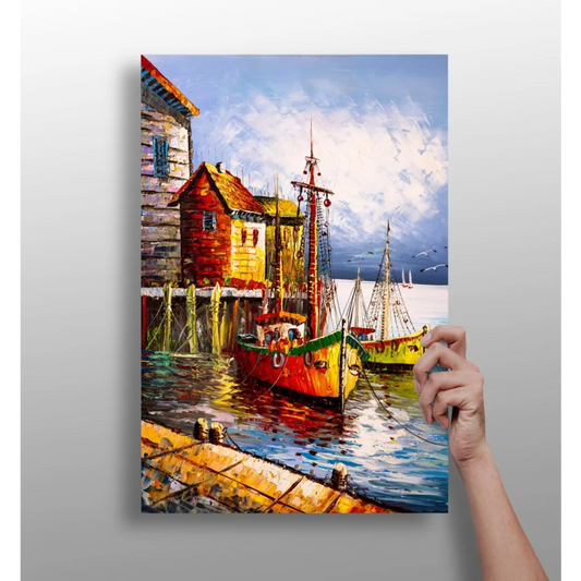 Vibrant impressionist harbor boats canvas print on aluminum