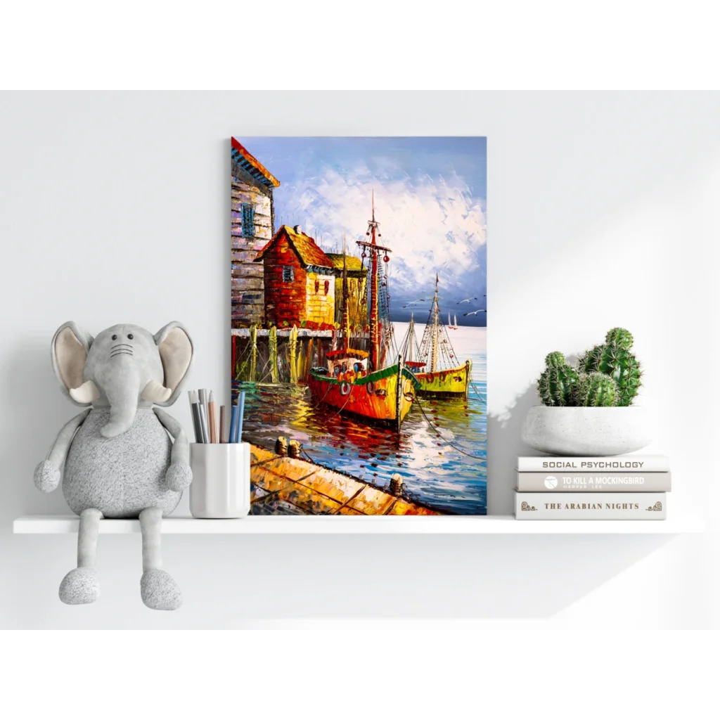 Vibrant oil painting of colorful harbor boats on aluminum canvas print