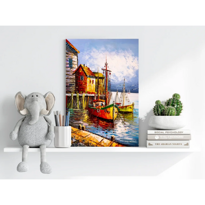 Vibrant oil painting of colorful harbor boats on aluminum canvas print
