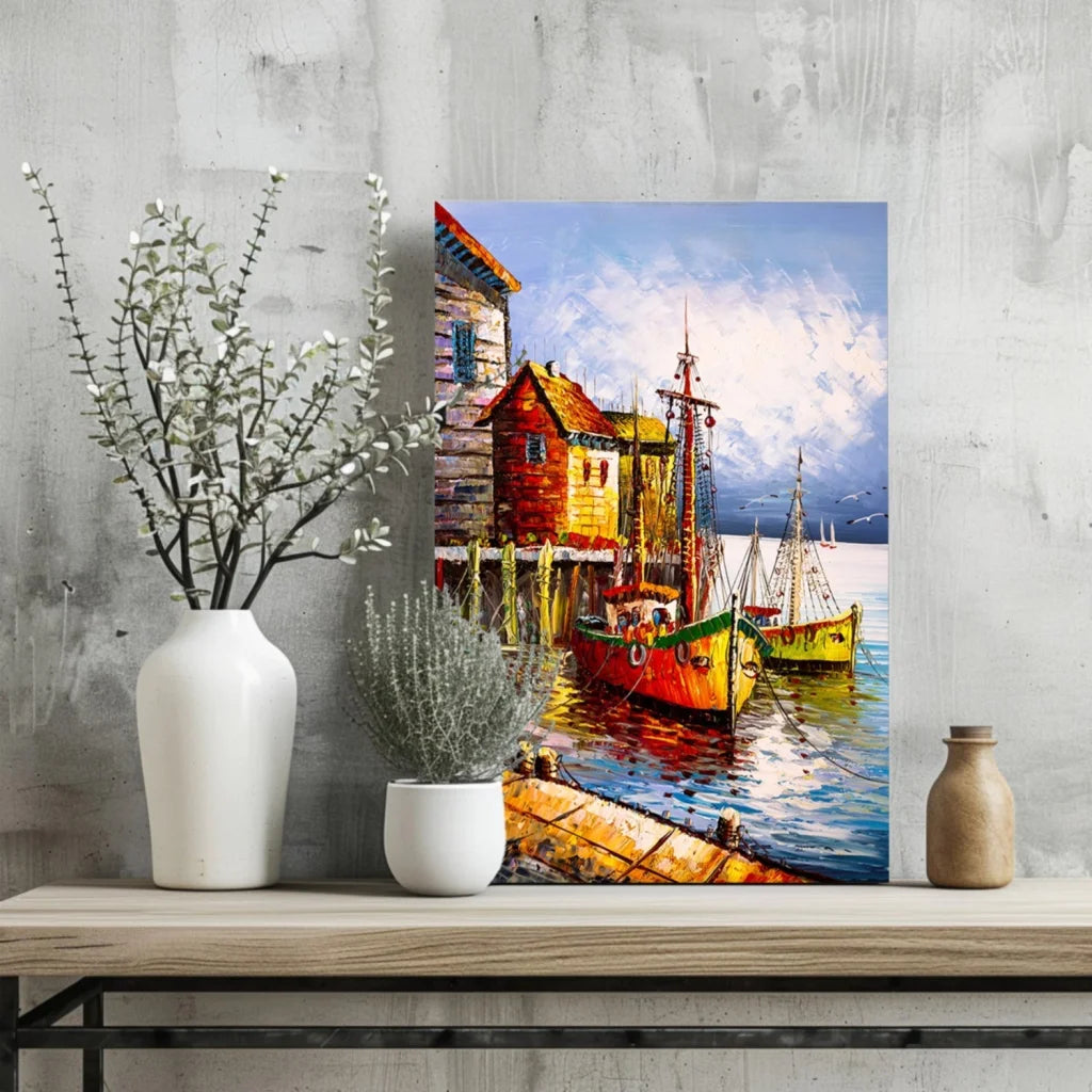 Vibrant harbor boats oil painting on aluminum canvas print