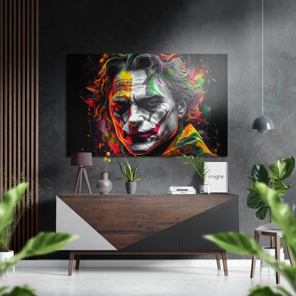 Vibrant Joker splatter portrait on brushed aluminium dibond frame