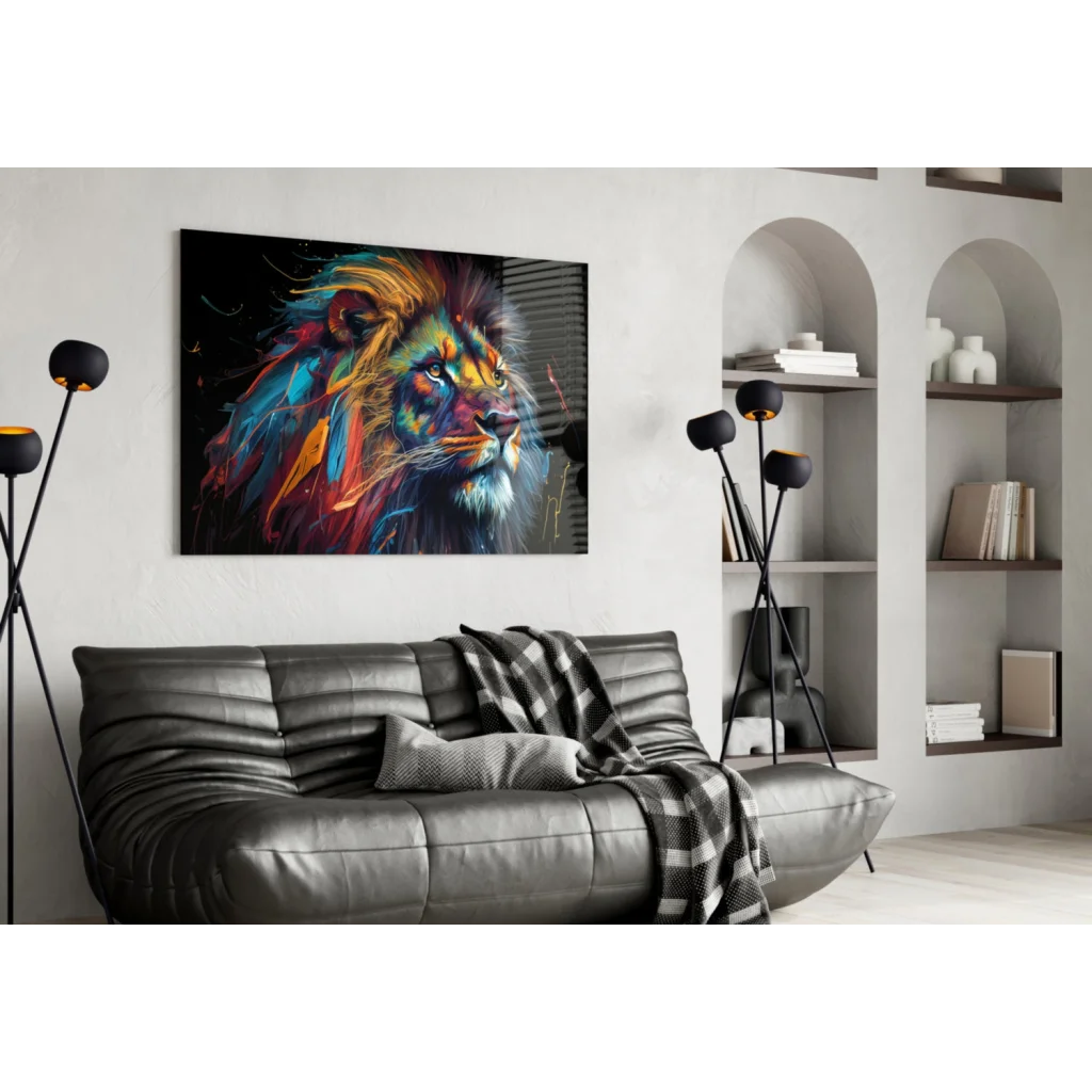 Vibrant lion wall art print on black leather couch