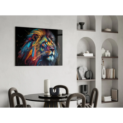 Vibrant colorful lion canvas wall art on bold black background