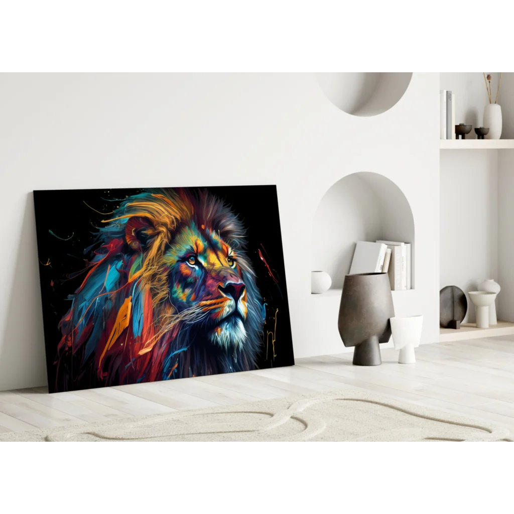 Vibrant lion canvas wall art on bold black background