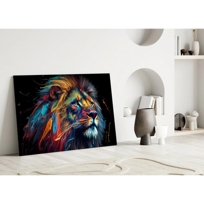 Vibrant lion canvas wall art on bold black background