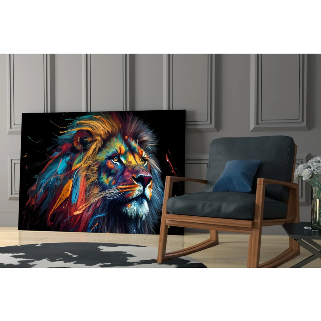 Vibrant colorful lion canvas wall art on bold black background