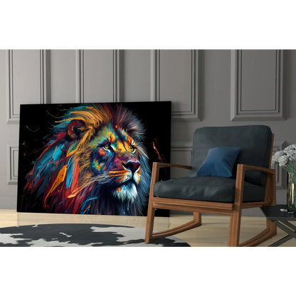 Vibrant colorful lion canvas wall art on bold black background