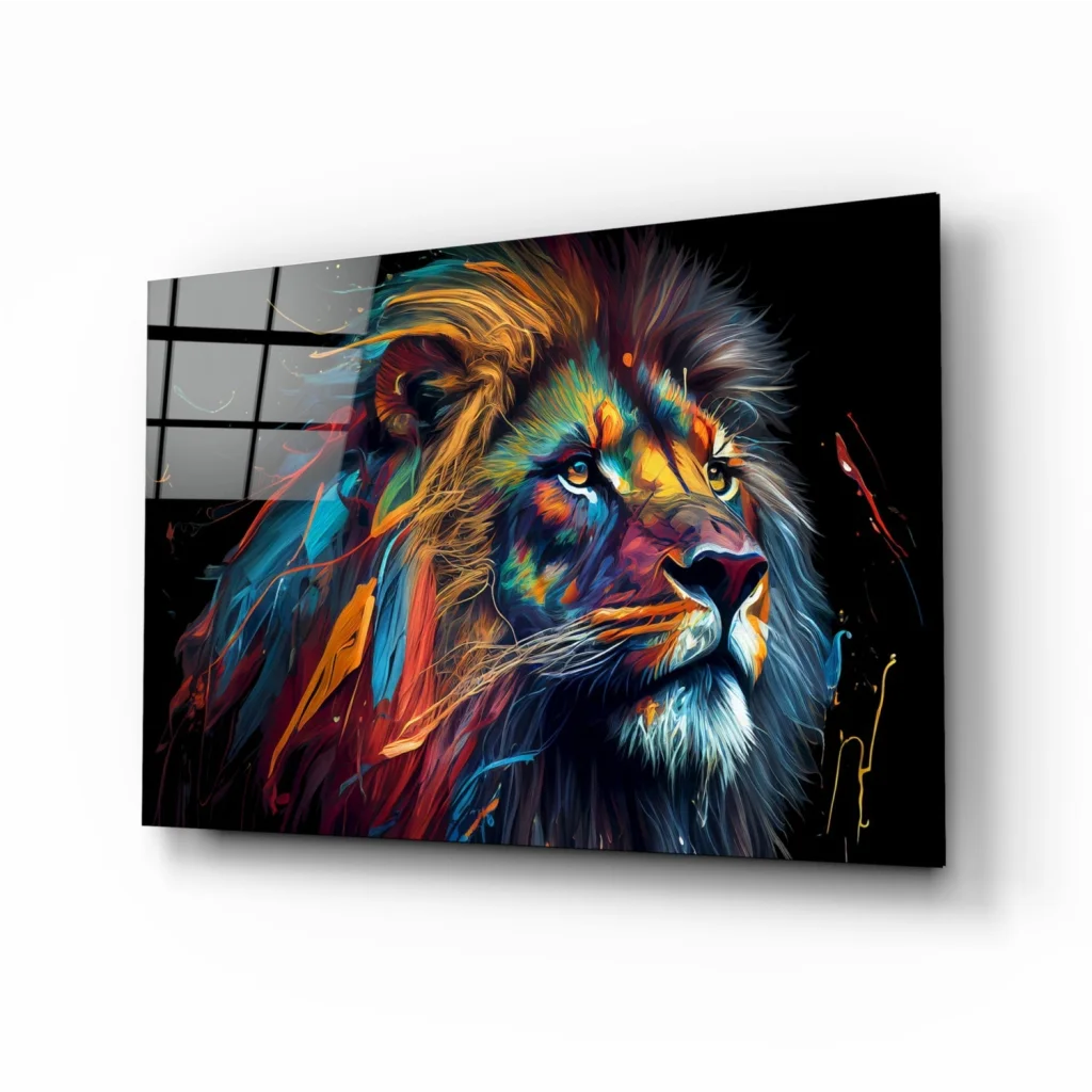 Vibrant lion canvas wall art print with colorful abstract hues on black background