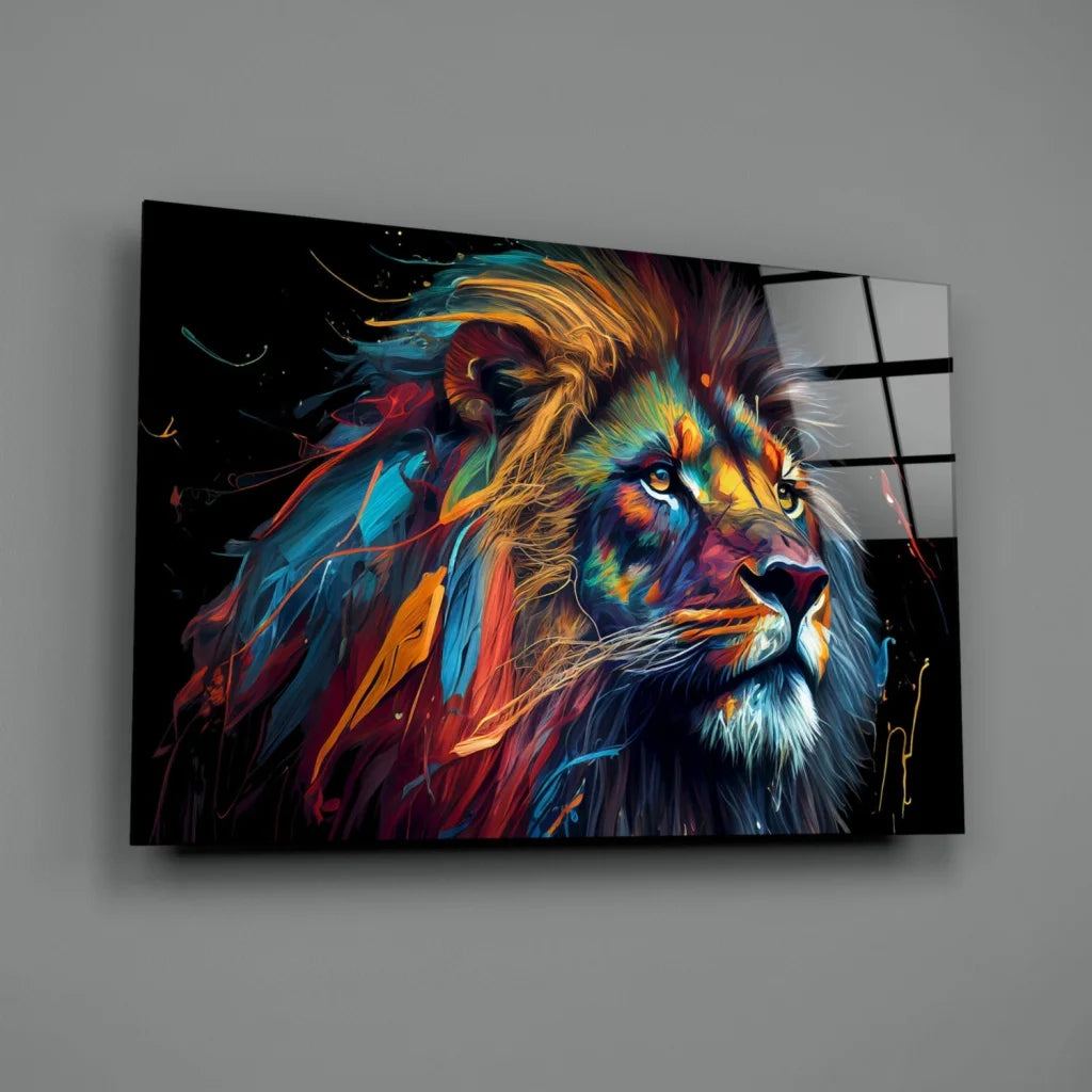 Vibrant colorful lion canvas wall art on bold black background