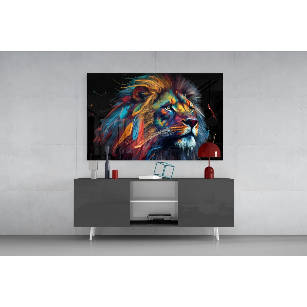 Vibrant lion on 24-inch LG OLED TV as bold black wall art