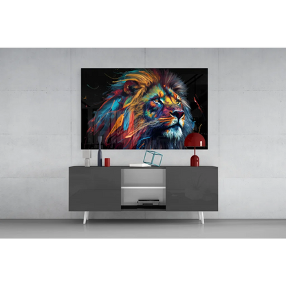 Vibrant lion on 24-inch LG OLED TV as bold black wall art