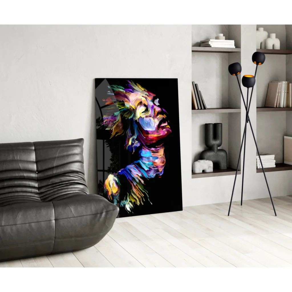 Vibrant lion glass wall art with bold abstract colors on black background