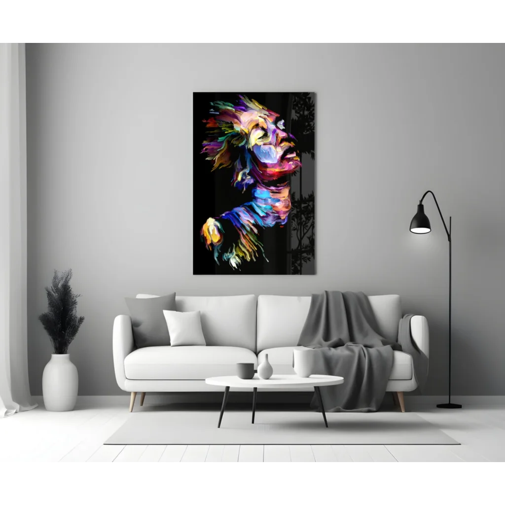 Vibrant lion glass wall art with bold abstract colors on black background