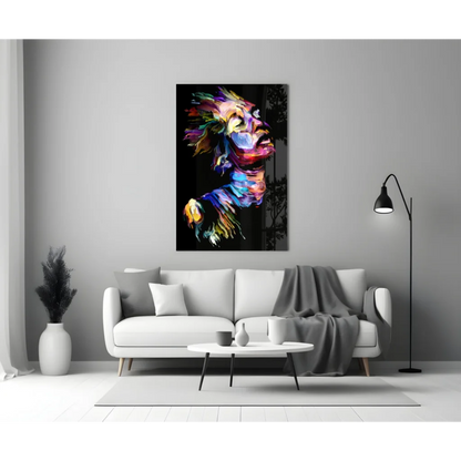 Vibrant lion glass wall art with bold abstract colors on black background