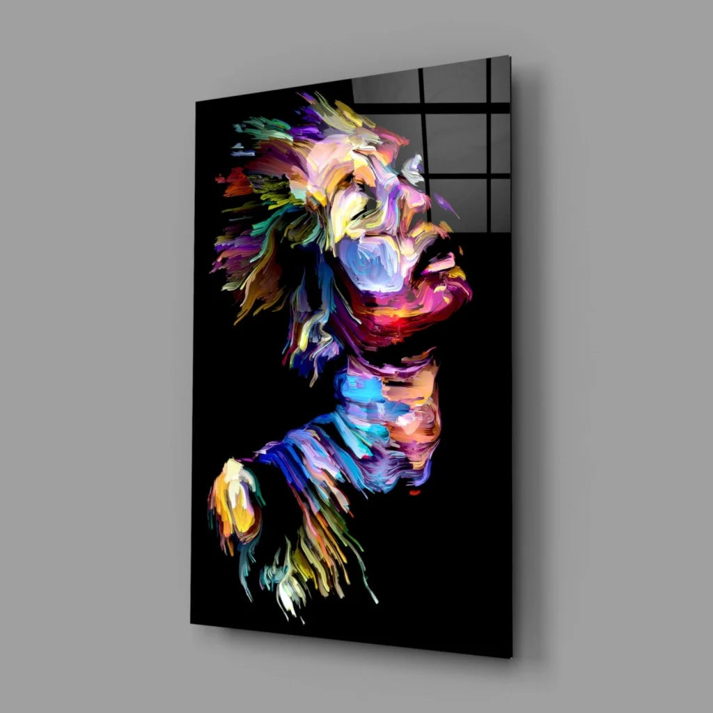 Vibrant lion glass wall art with bold abstract colors on black grid canvas