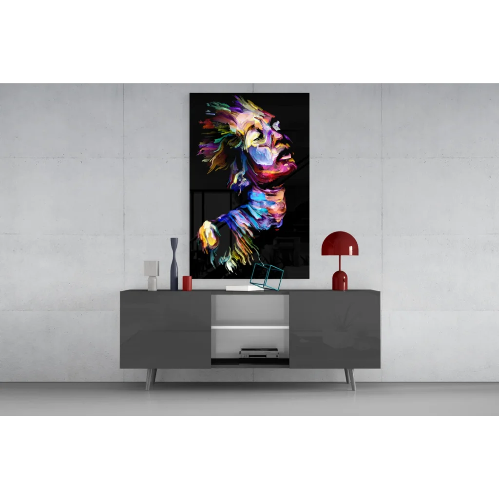 Vibrant lion glass wall art with bold abstract colors on gray sideboard