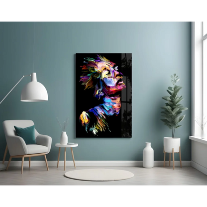 Vibrant lion glass wall art with bold abstract colorful face on canvas