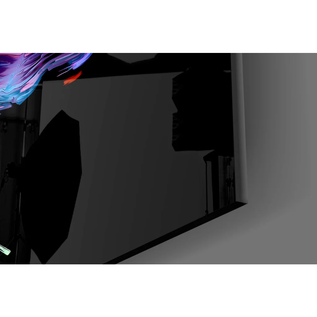 Vibrant lion glass wall art with black umbrella white interior