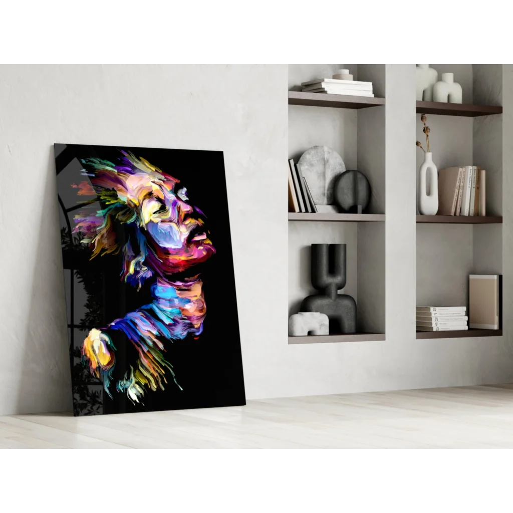 Vibrant lion glass wall art with bold abstract colors