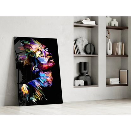 Vibrant lion glass wall art with bold abstract colors