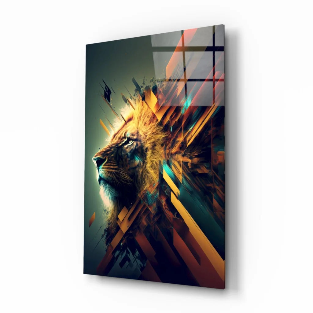 Vibrant Lion Glass Wall Art with Bold Geometric Colors | Insigneart USA | vintageantiquesgifts.com