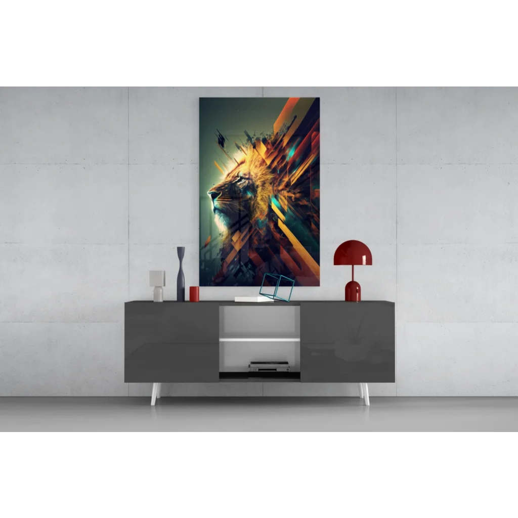 Vibrant lion glass wall art with bold orange teal streaks