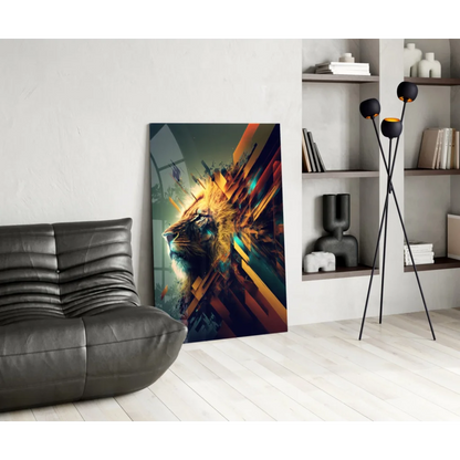 Vibrant lion glass wall art with fiery orange teal gold rays