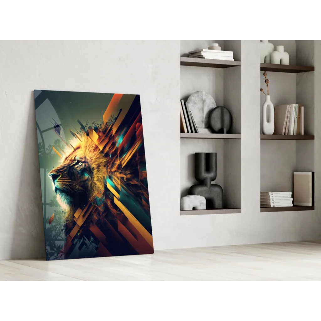 Stylized lion glass wall art with glowing orange teal geometric shards