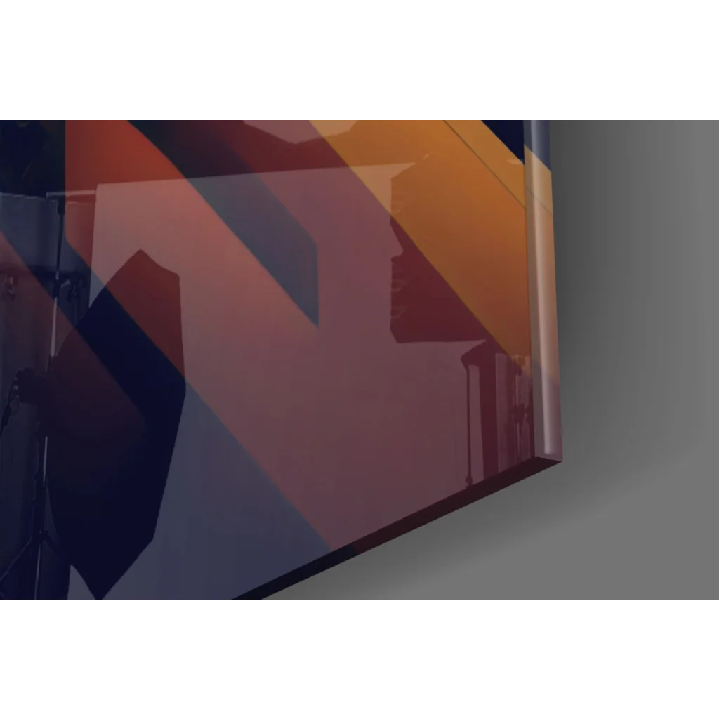 Vibrant lion glass wall art with bold geometric stripes in orange, navy, and pink