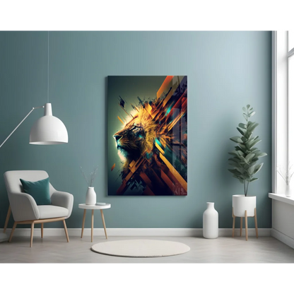 Vibrant Lion Glass Wall Art with Bold Geometric Colors | Contemporary Home Wall Art | vintageantiquesgifts.com