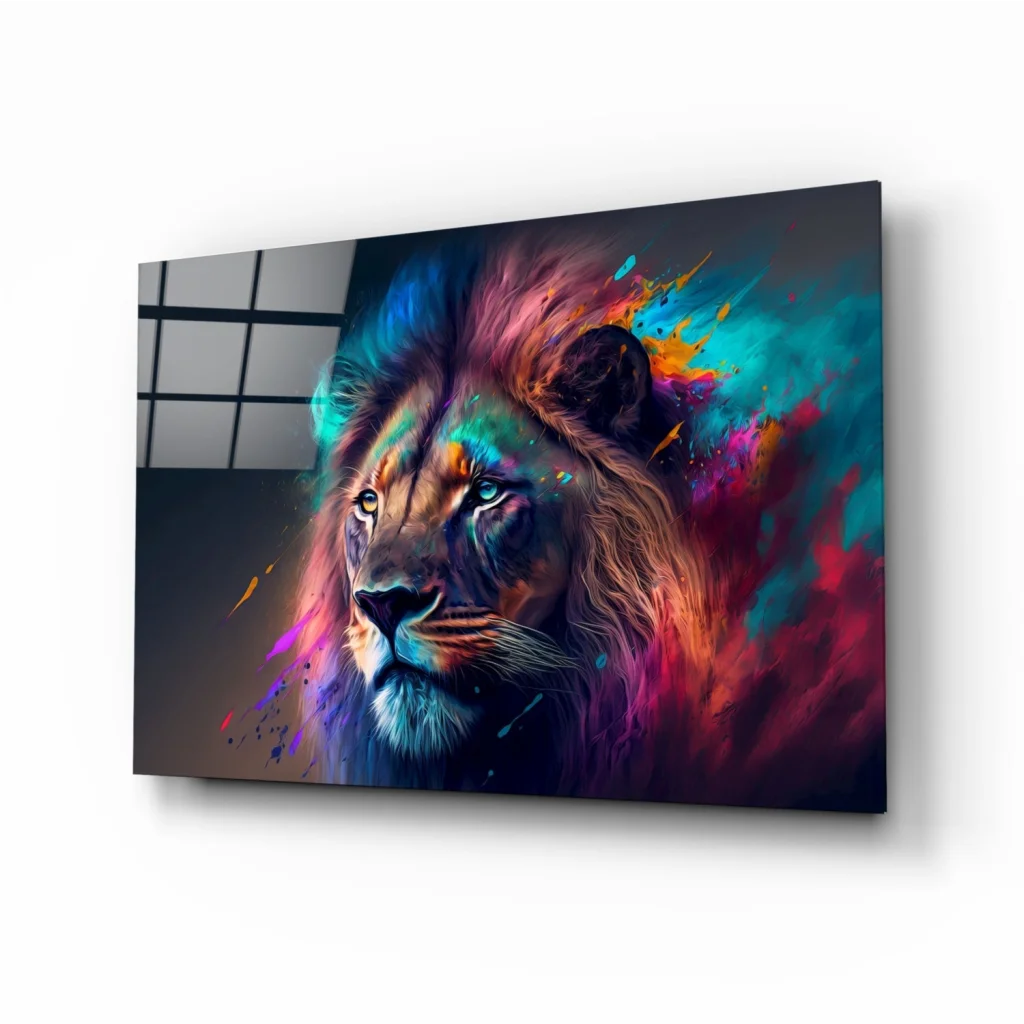 Vibrant lion glass wall art canvas print on metal frame