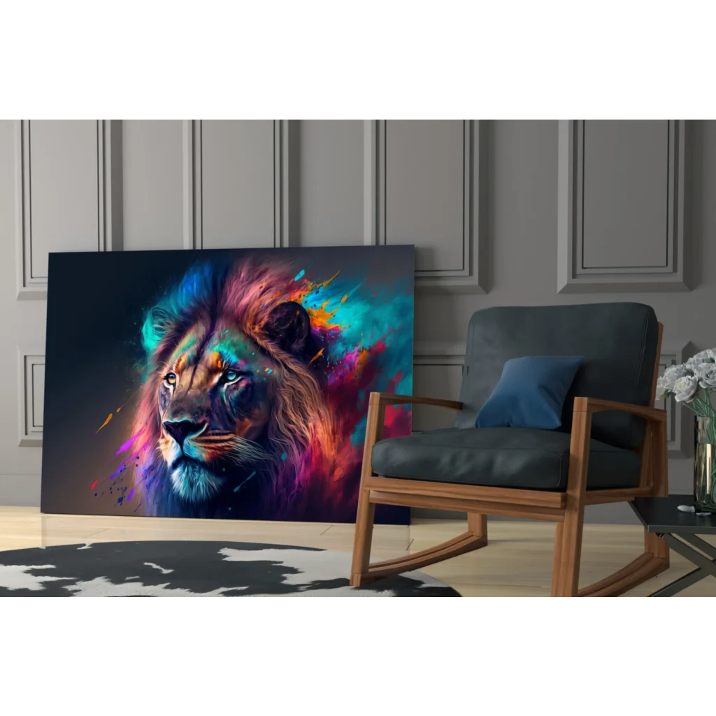 Vibrant lion glass wall art canvas print on wood frame