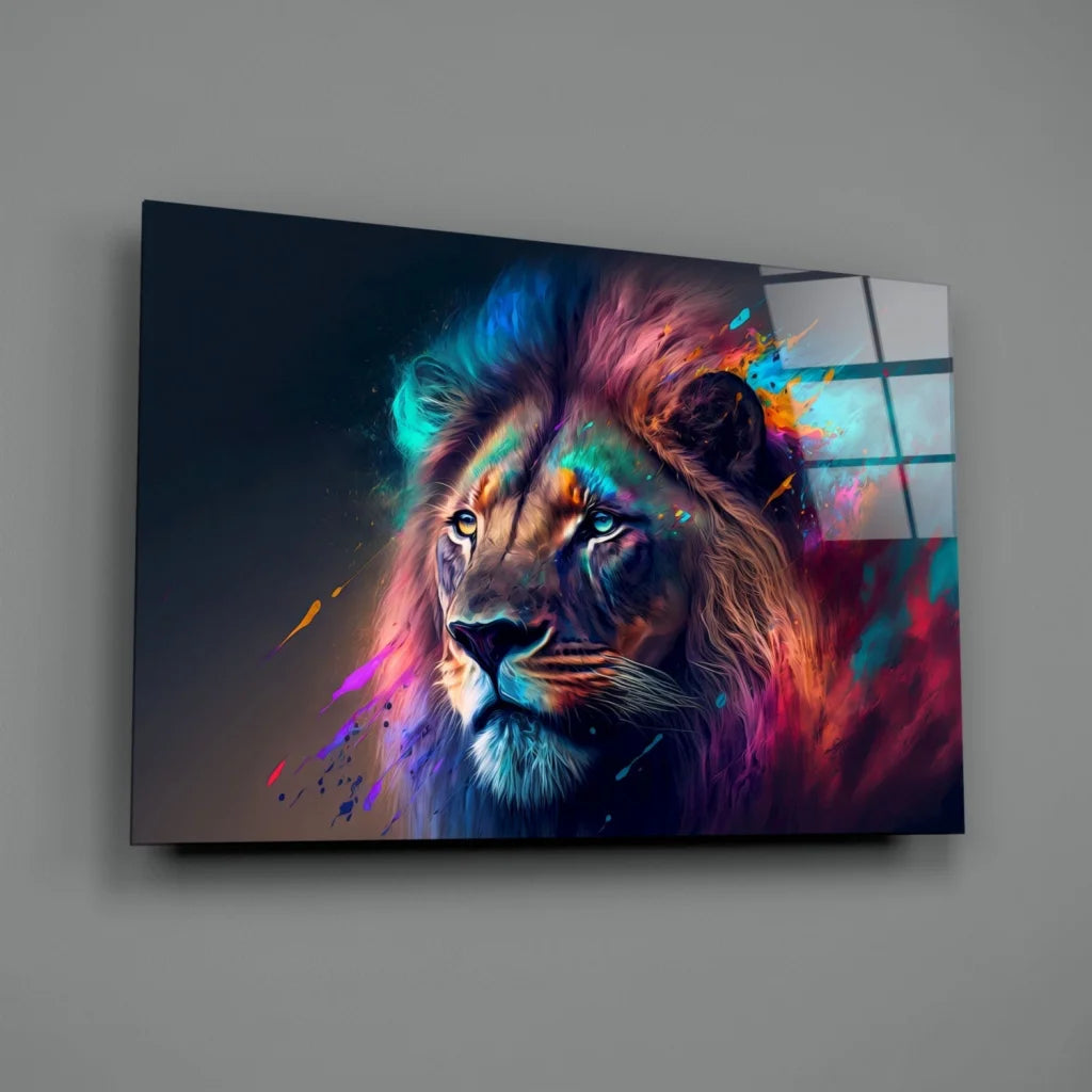 Vibrant colorful lion glass wall art canvas print on home wall