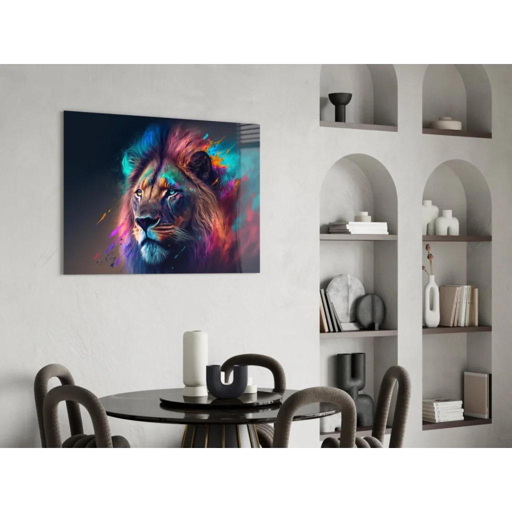 Vibrant colorful lion glass wall art canvas print for home