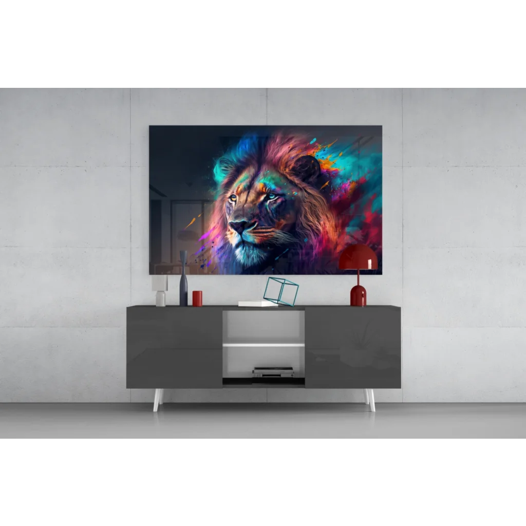 Samsung QLED TV displaying vibrant multicolored lion glass wall art