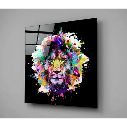 Colorful lion head glass wall art on black background