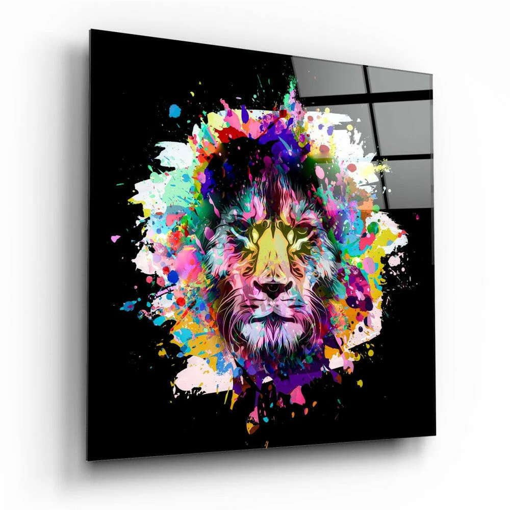 Vibrant lion head glass wall art print for bold home decor