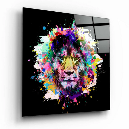 Vibrant lion head glass wall art print for bold home decor