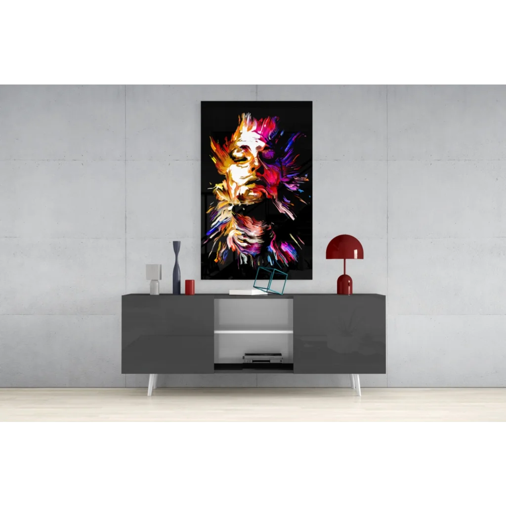 Vibrant Lion and Jimi Hendrix glass wall art on gray sideboard