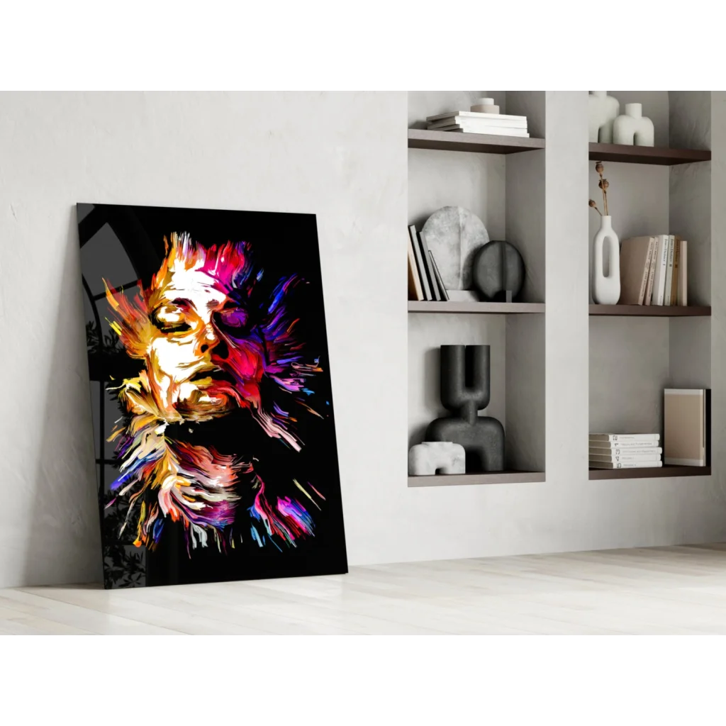 Vibrant abstract lion and Jimi Hendrix wall art portrait on black background
