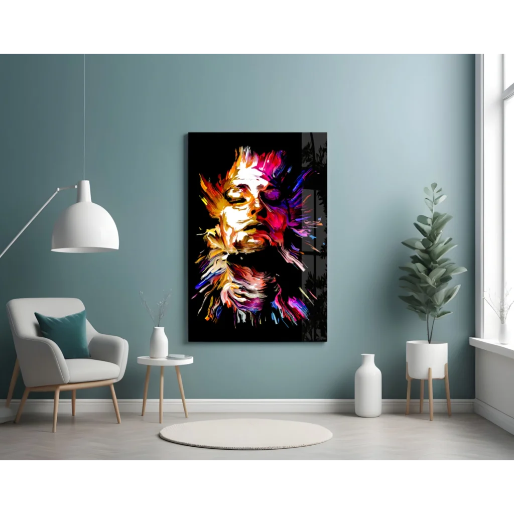 Vibrant colorful abstract Jimi Hendrix lion face wall art on canvas