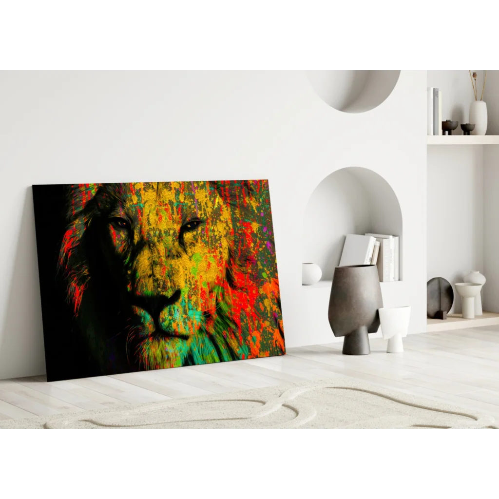 Vibrant Lion Splash colorful canvas wall art print with abstract splatter design