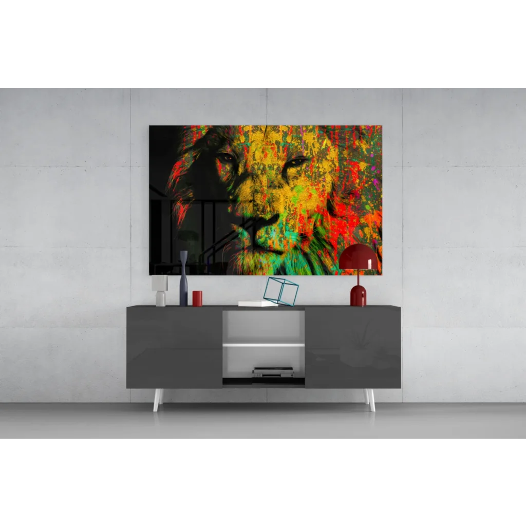 Vibrant abstract lion wall art print in black and colorful splash