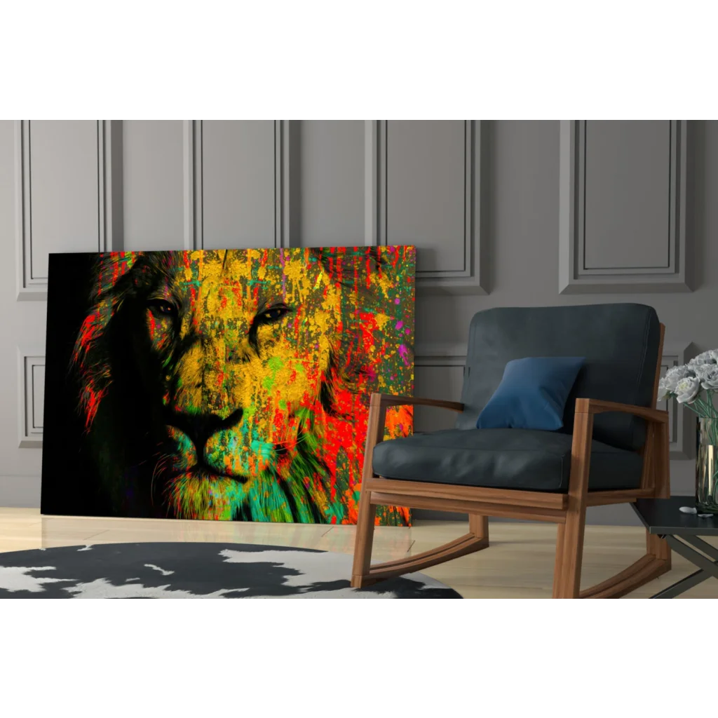 Vibrant lion splash canvas wall art print on black background