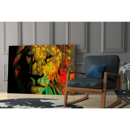 Vibrant lion splash canvas wall art print on black background