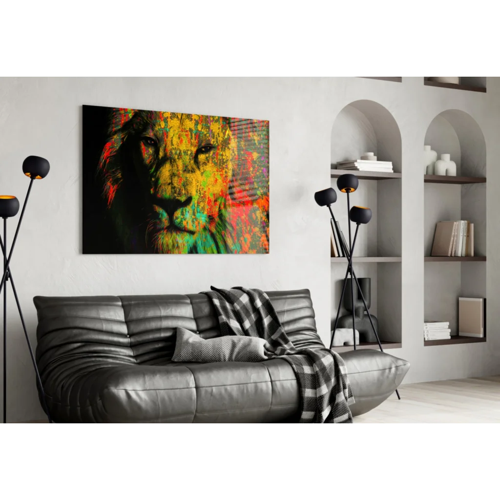 Vibrant lion splash wall art print on black leather couch
