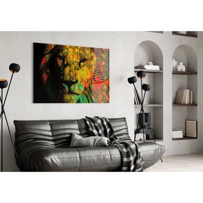 Vibrant lion splash wall art print on black leather couch